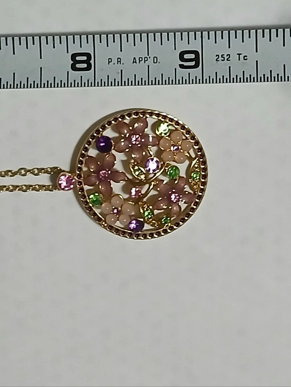 Gold Tone Round Floral Multicolor Crystal Pendant Necklace